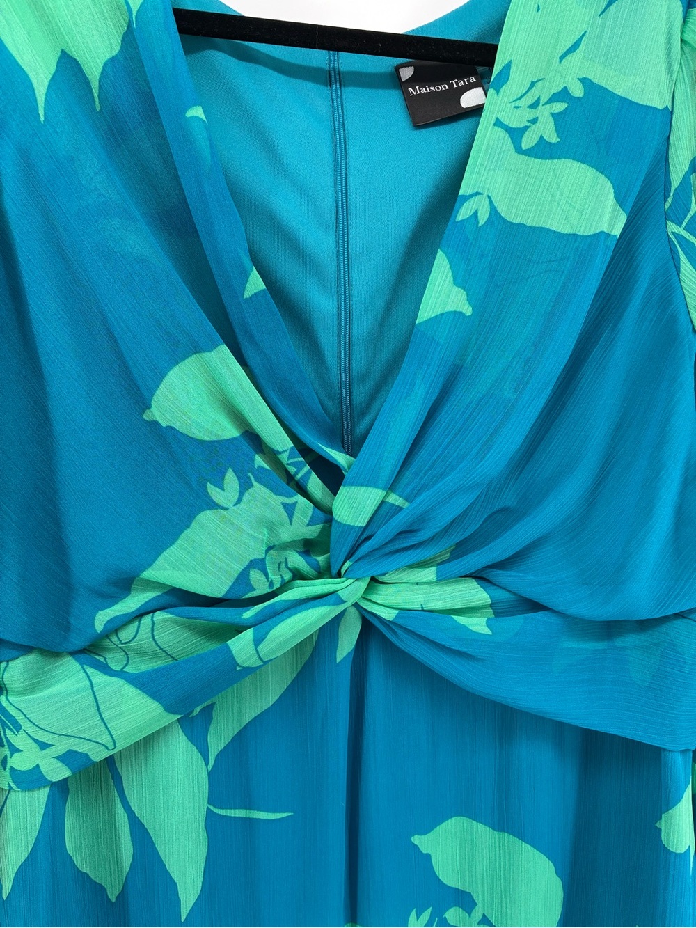 Maison Tara Tropical Long Sleeve V-Neck Knot Front Empire Waist Maxi Dress - Picture 3 of 10